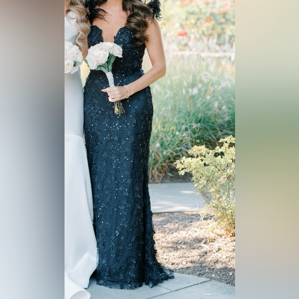 Mac Duggal Black Applique Bustier Gown with Feather Straps